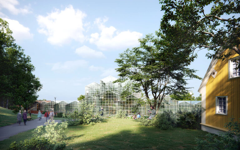Göteborgs botaniska trädgård_Nya Växthus och besökscentrum_vy växthus_Beställare VGR genom Västfastigheter Illustration Cobe
